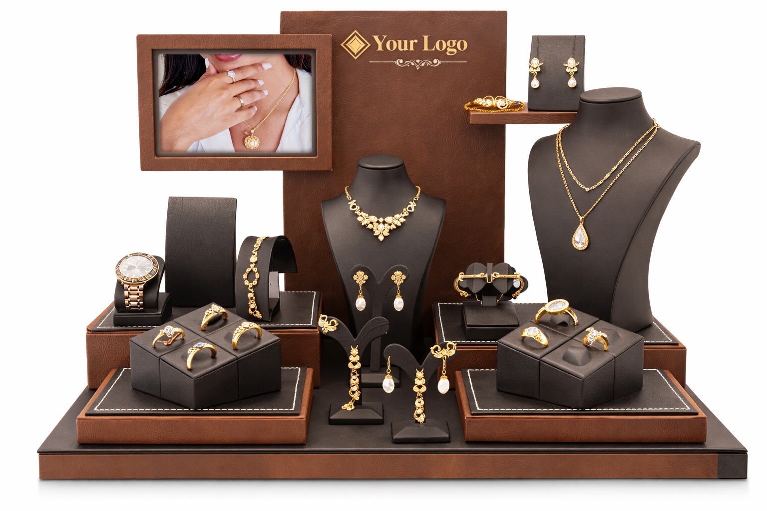 Brown and black Multi-Earring 15-Piece Leatherette Jewelry Display Set